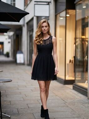 Elegant Ema Moda Flared Black Lace Yoke Mini Dress